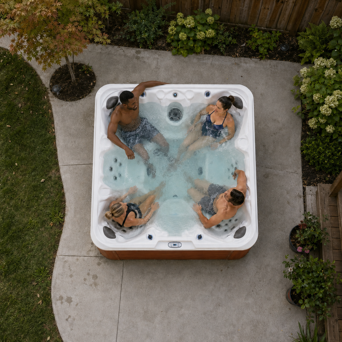 A top-down view of a four-person outdoor hot tub on a concrete patio, with four people relaxing inside. The hot tub has a white interior, a brown wood-look exterior, and is surrounded by green grass, plants, and a wooden fence.
