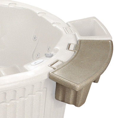 Close-up of a hot tub with a tan tray isolated on a ghosted image of the hot tub on a white background