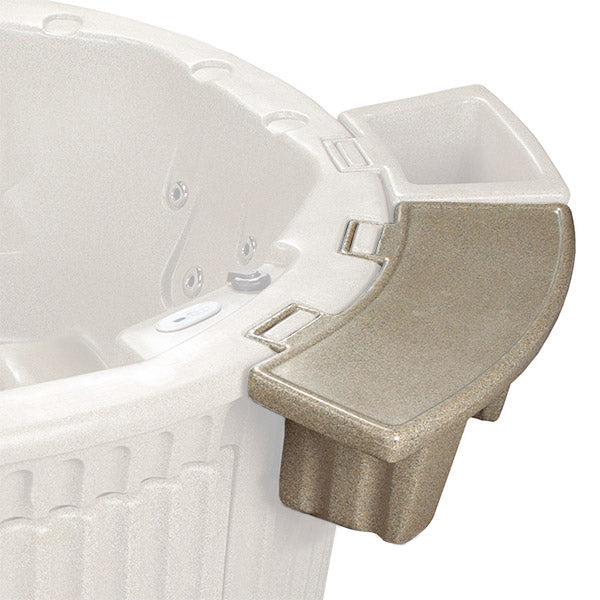 Close-up of a hot tub with a tan tray isolated on a ghosted image of the hot tub on a white background