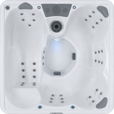 Top-down view of a white outdoor hot tub featuring multiple jets and a blue LED light glow in the center. #seating_lounger