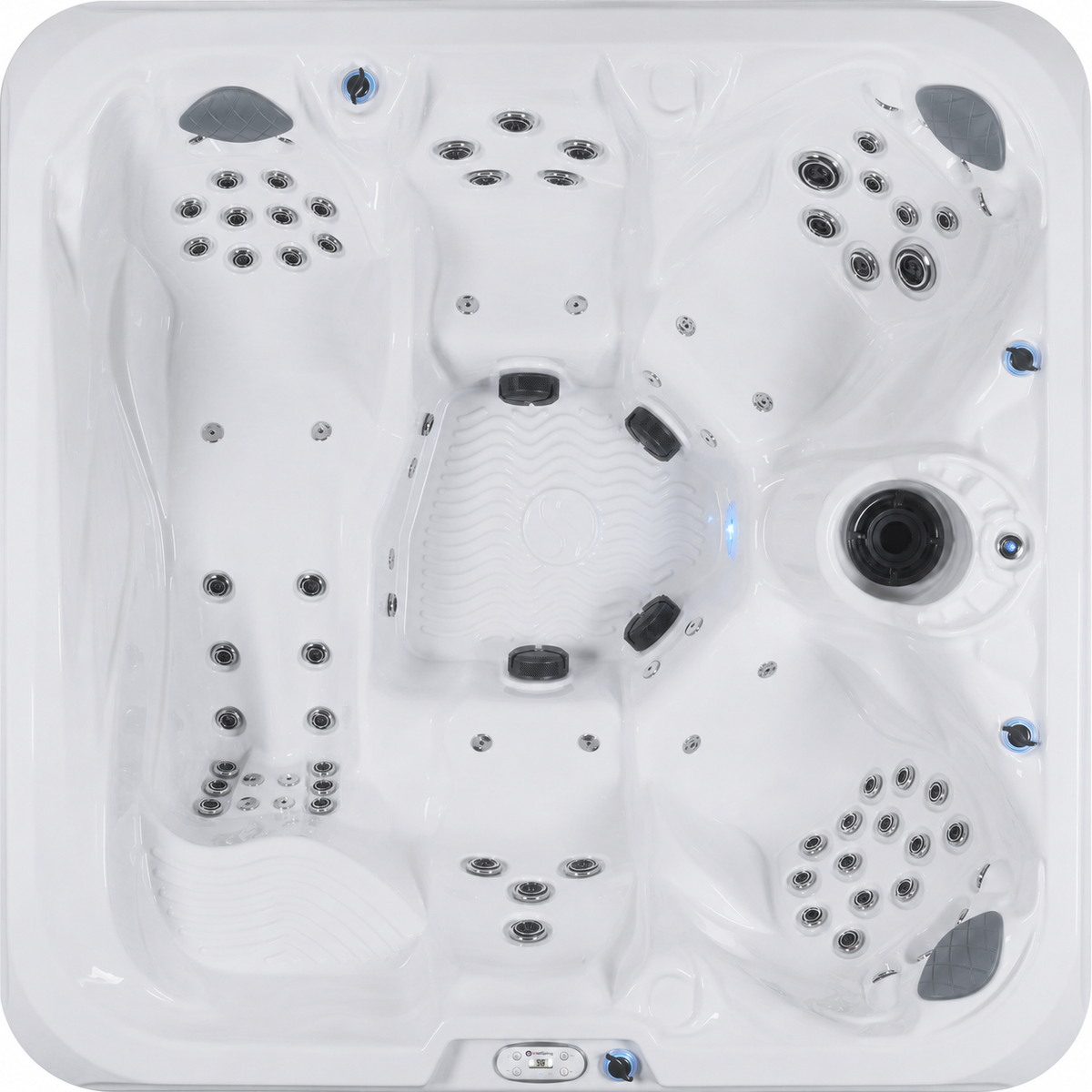Top-down view of a white rectangular hot tub with multiple jets, shown on a plain white background.