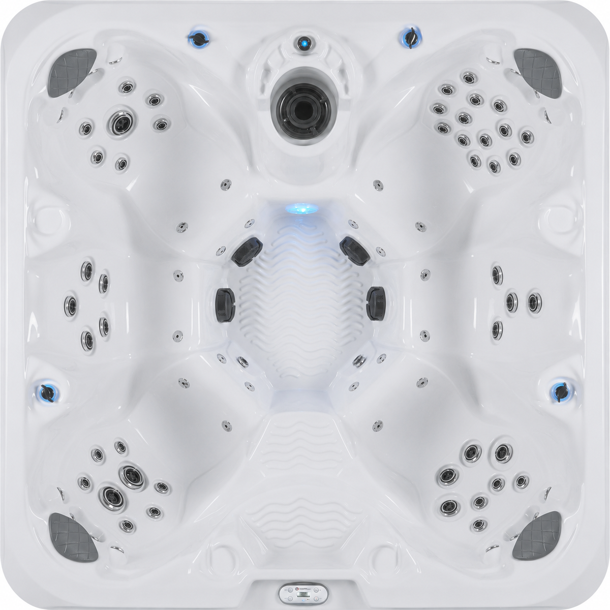 Top-down view of a white hot tub with multiple jets and blue LED lighting accents.