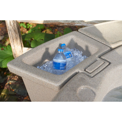 A gray outdoor plastic cooler bin filled with ice and two bottled waters, shown in a real outdoor setting with plants and a wooden post in the background.