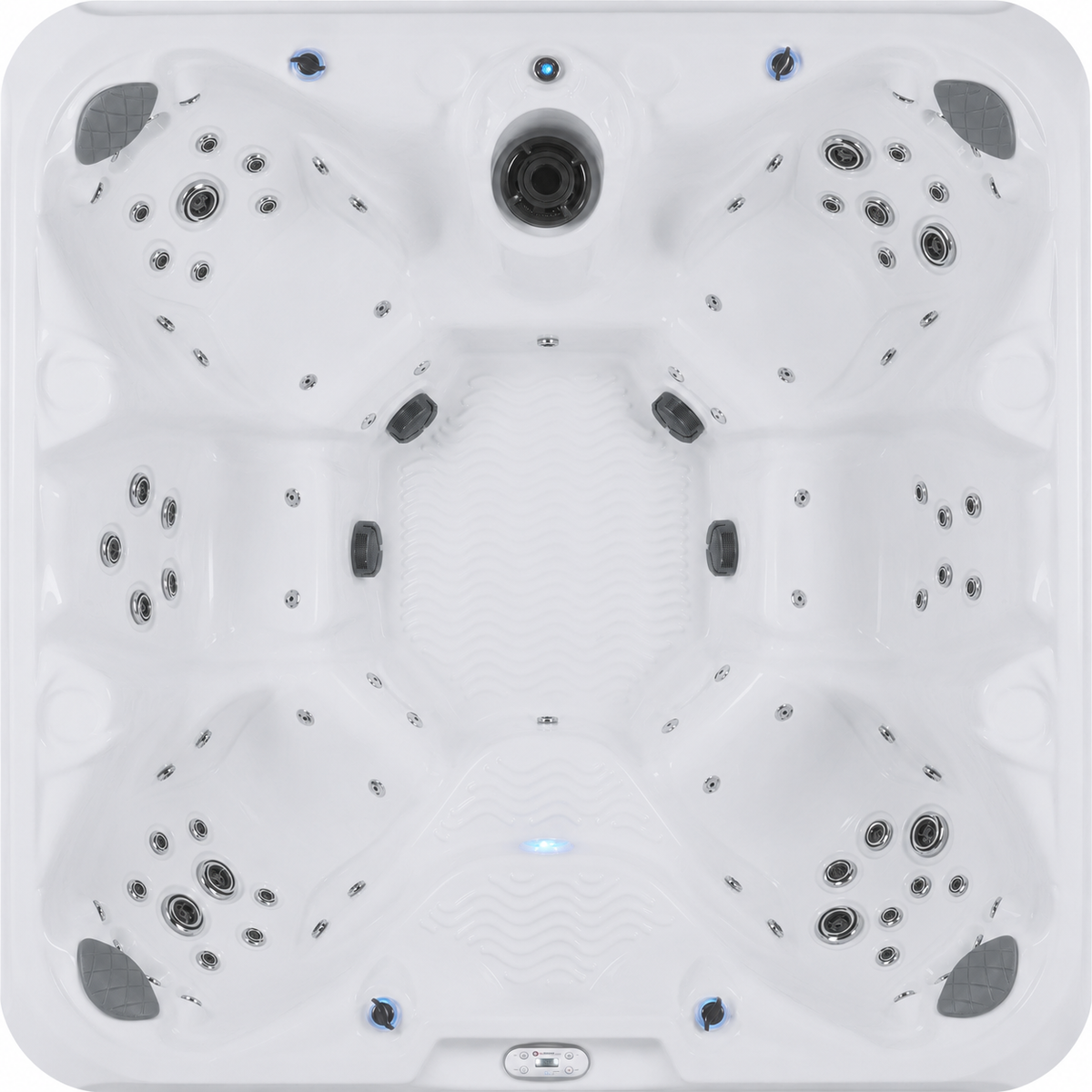 Top-down view of a white six-seat outdoor hot tub with multiple jet nozzles and blue LED lighting accents 