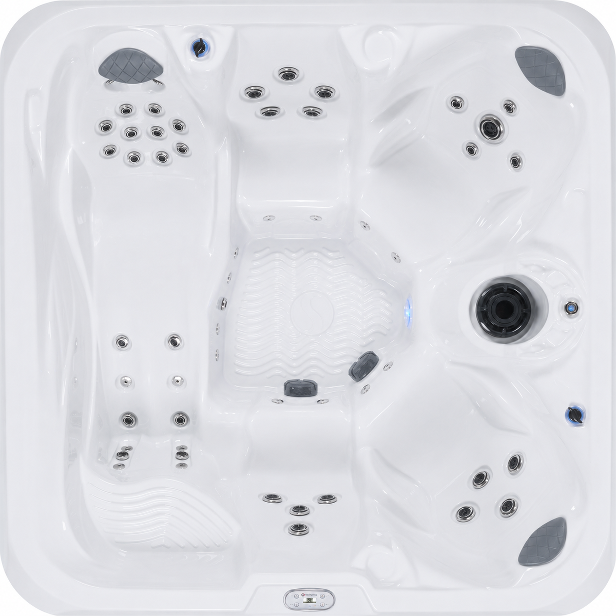 Top-down view of a white hot tub with multiple jet nozzles, massage nodes, and a circular drain opening, set against a clean white background.