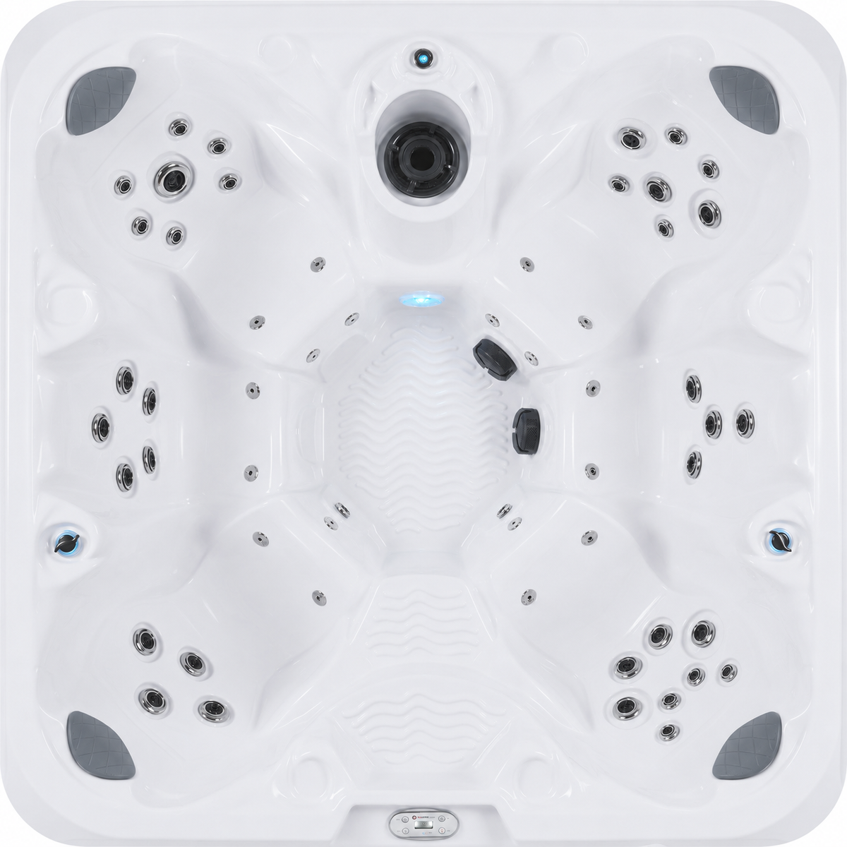 Top-down view of a white multi-jet hot tub with gray corner accents and built-in lighting, shown on a plain white background.
