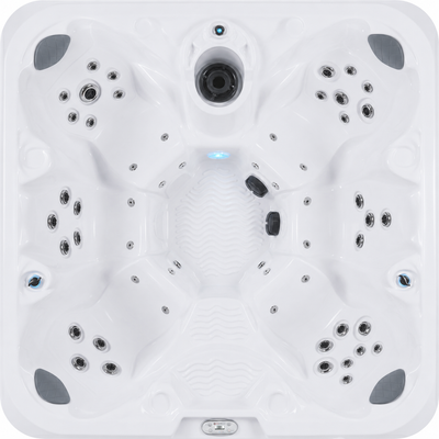 Top-down view of a white multi-jet hot tub with gray corner accents and built-in lighting, shown on a plain white background.