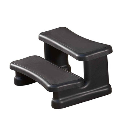 Two-step black plastic steps with textured surfaces, shown from a three-quarter angle on a plain white background.