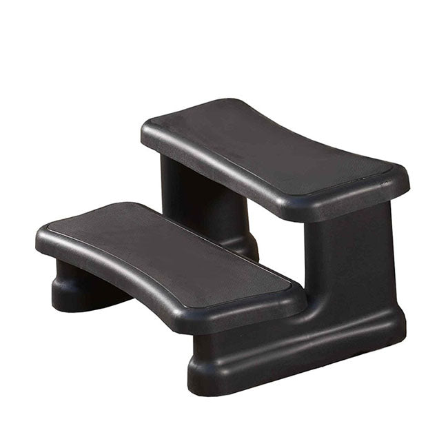 Two-step black plastic steps with textured surfaces, shown from a three-quarter angle on a plain white background.