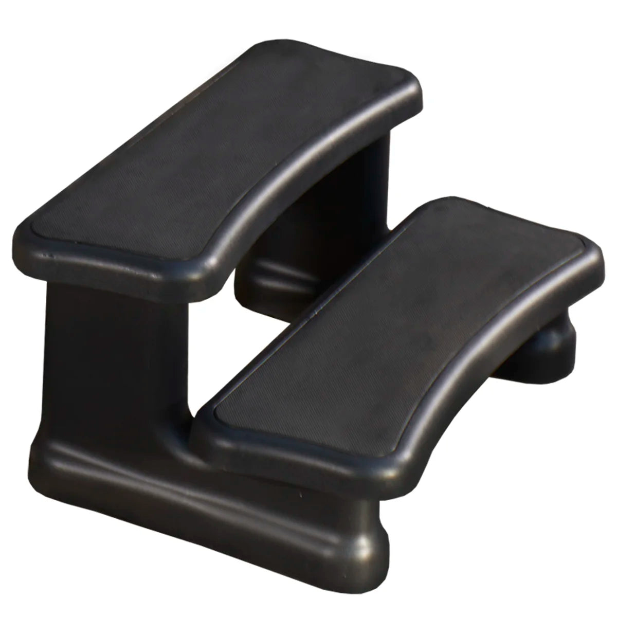 Black molded plastic spa steps with textured surfaces, shown on a plain white background.