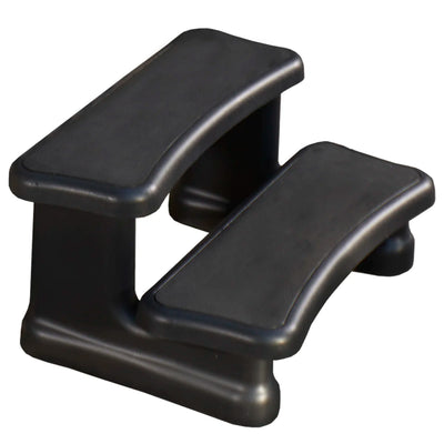 Black molded plastic spa steps with textured surfaces, shown on a plain white background.