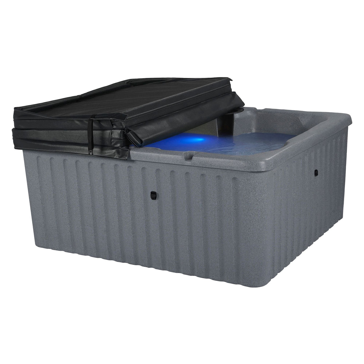 A rectangular hot tub with a ribbed gray body and a black cover, half open, shown on a plain white background.