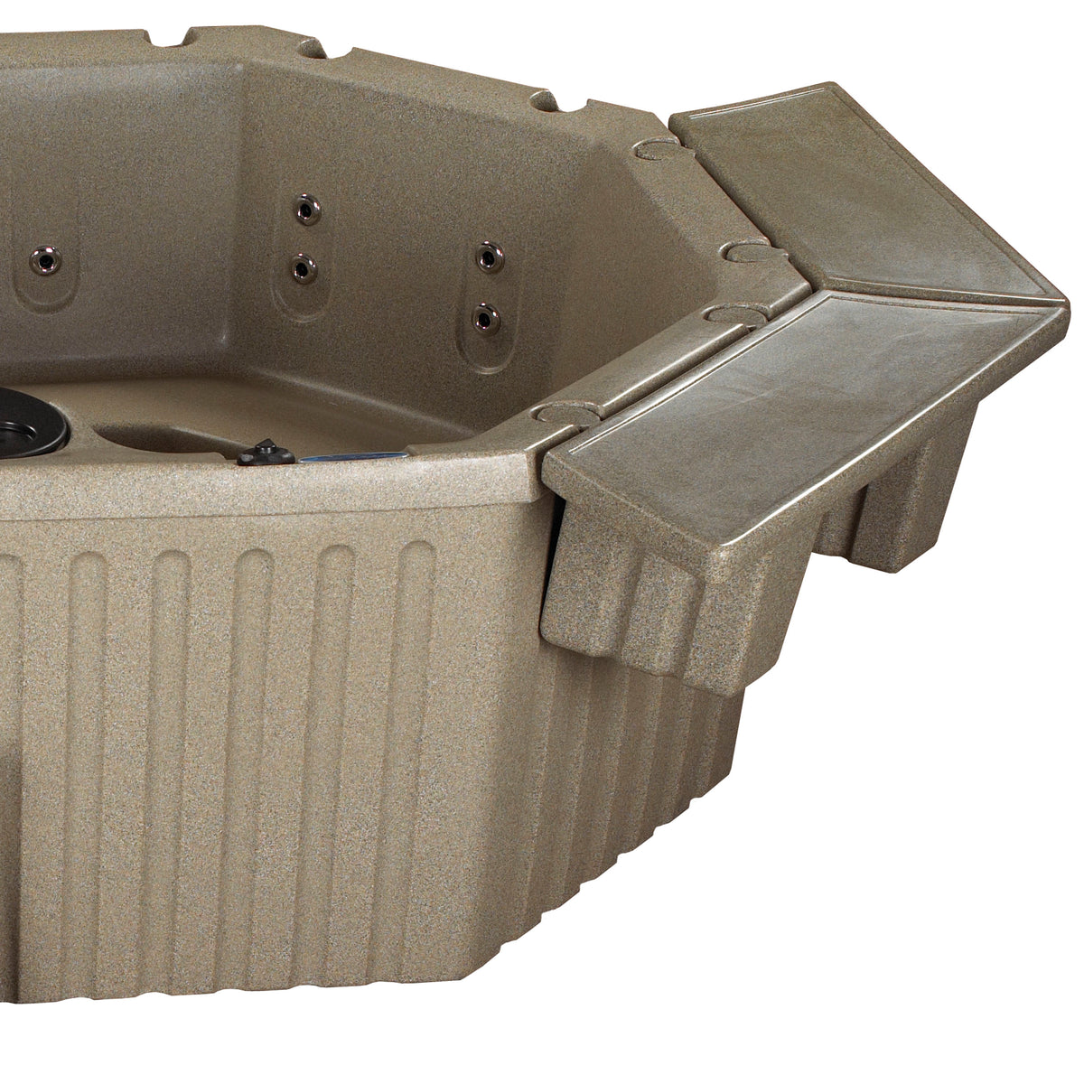 Close-up of a tan molded plastic hot tub with 2 side trays attached, shown on a white background.