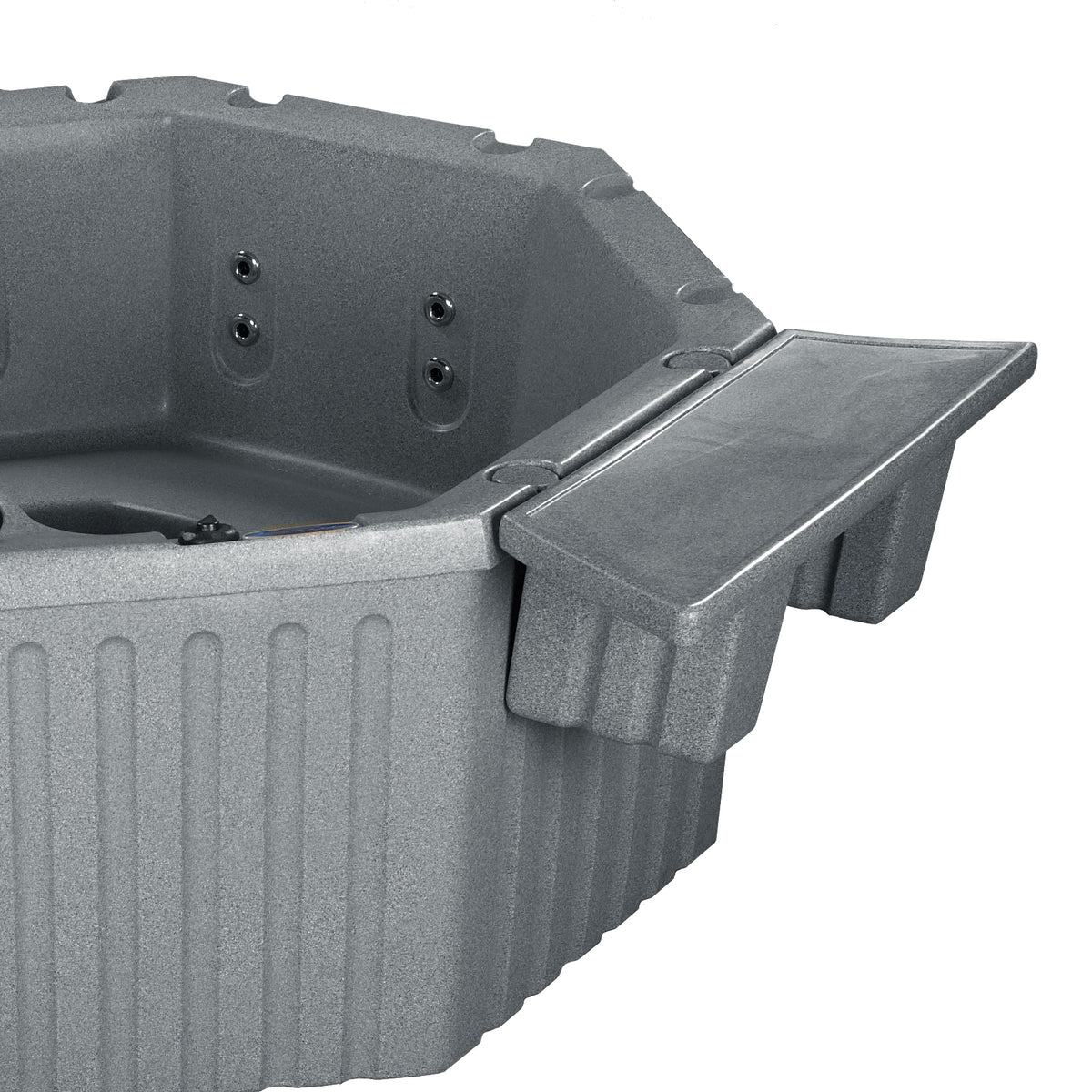 Close-up of a gray molded plastic hot tub with side tray attached, shown on a white background.