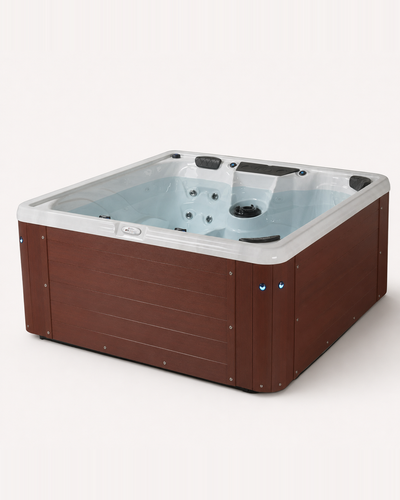 A square hot tub with a brown wood-look exterior and a light gray interior, shown on a plain light background. #cabinet_sonoma-redwood
