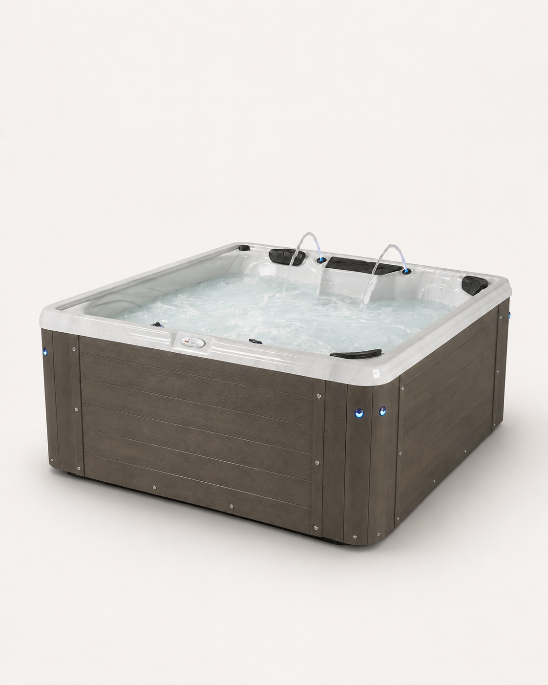 A square hot tub with a dark brown wood-look exterior and a light gray interior, shown with bubbling water and jets on a plain light background. #cabinet_outerbanks