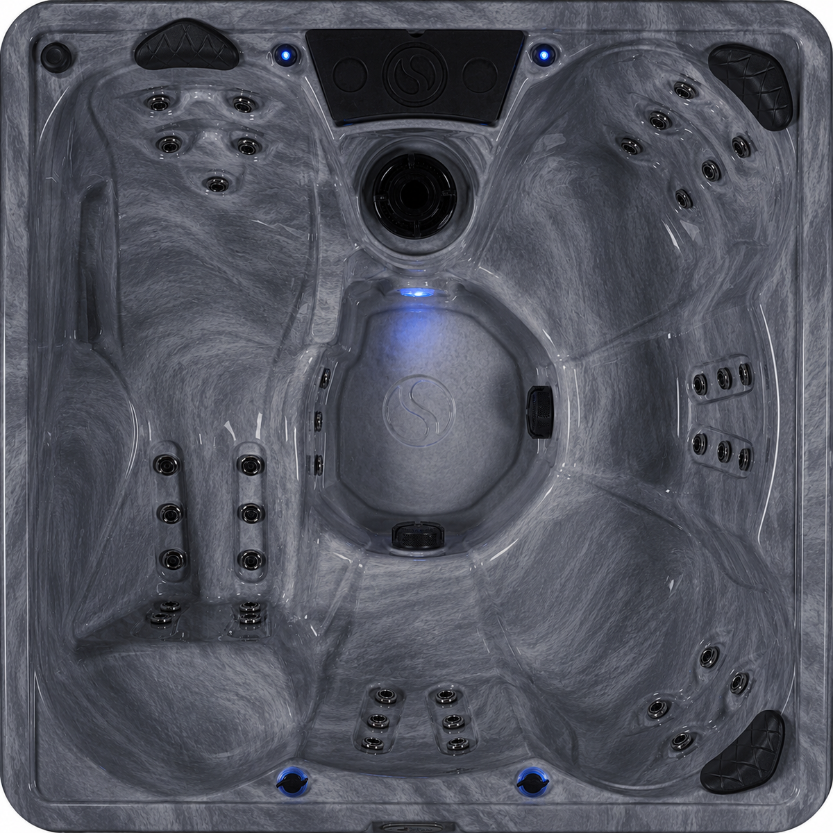 Top view of a hot tub with a gray interior and blue interior light.#seating_lounger