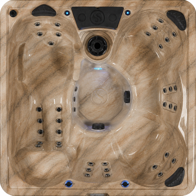 Top view of a hot tub with brown and beige marbled design. #seating_lounger