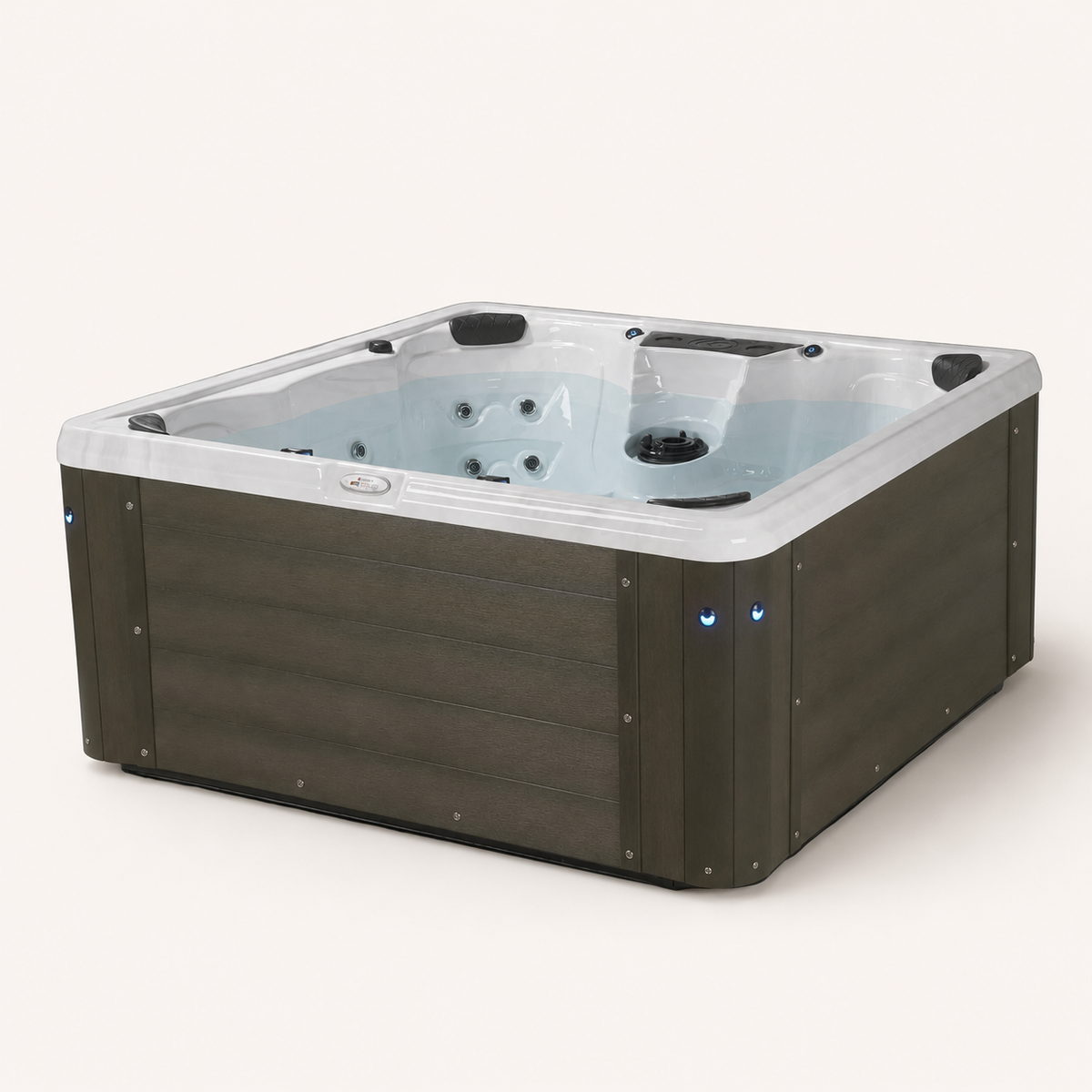 A square hot tub with a dark brown wood-look exterior and a light gray interior, shown on a plain light beige background #cabinet_outerbanks