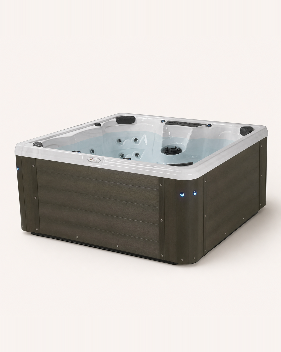 A square hot tub with a dark brown wood-look exterior and a light gray interior, shown on a plain off-white background. #cabinet_outerbanks
