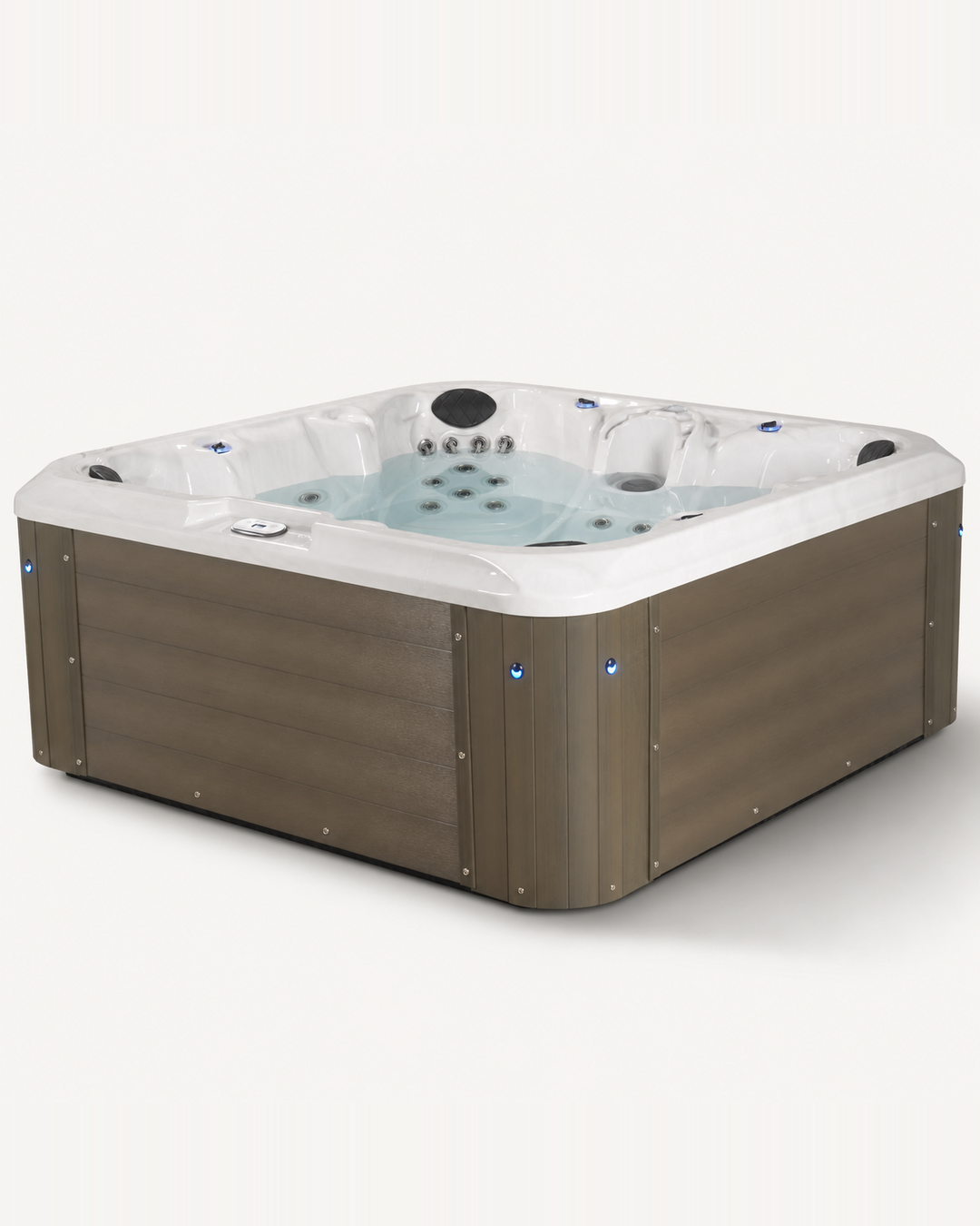 A square hot tub with a brown wood-look exterior and a white interior, shown on a plain light background. 