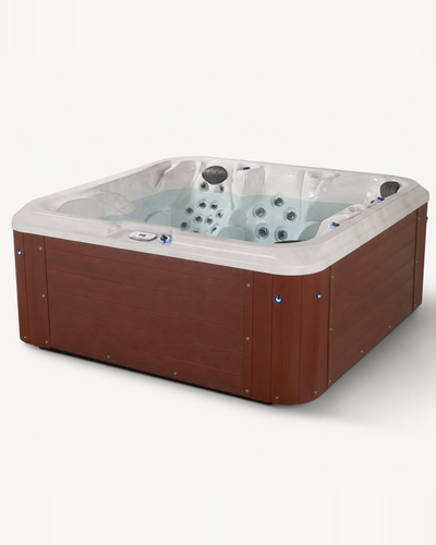 A square hot tub with a brown wood-look exterior and a white interior, shown on a plain light gray background. 