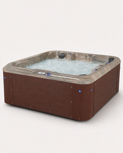 A square hot tub with a dark brown wood-look exterior and a gray-brown textured interior liner, filled with bubbling water, shown on a plain light background. 