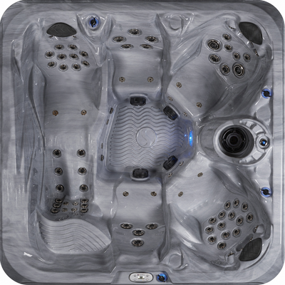 Top view of a gray hot tub with hydro massage jets