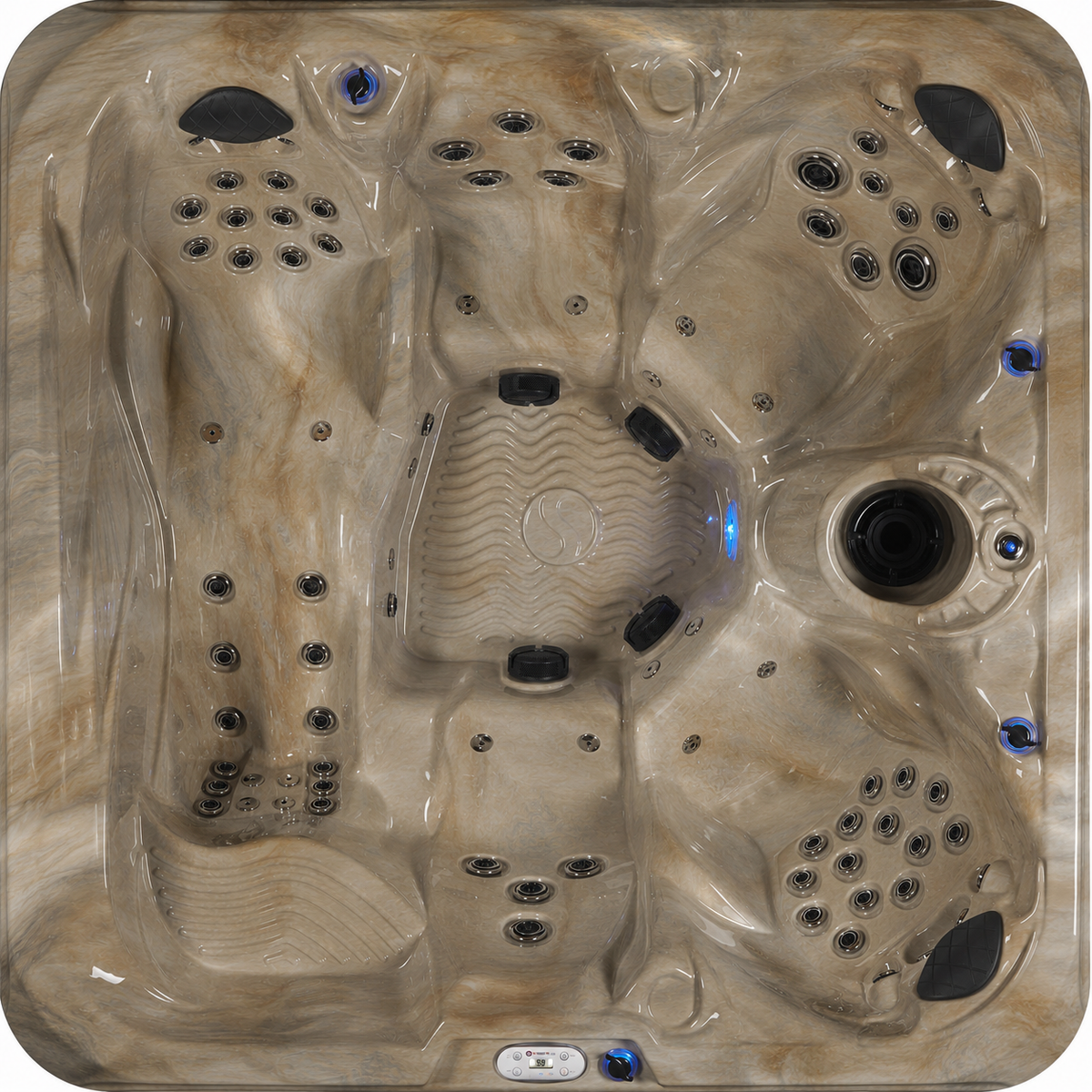 Top view of a tan hot tub with hydro massage jets