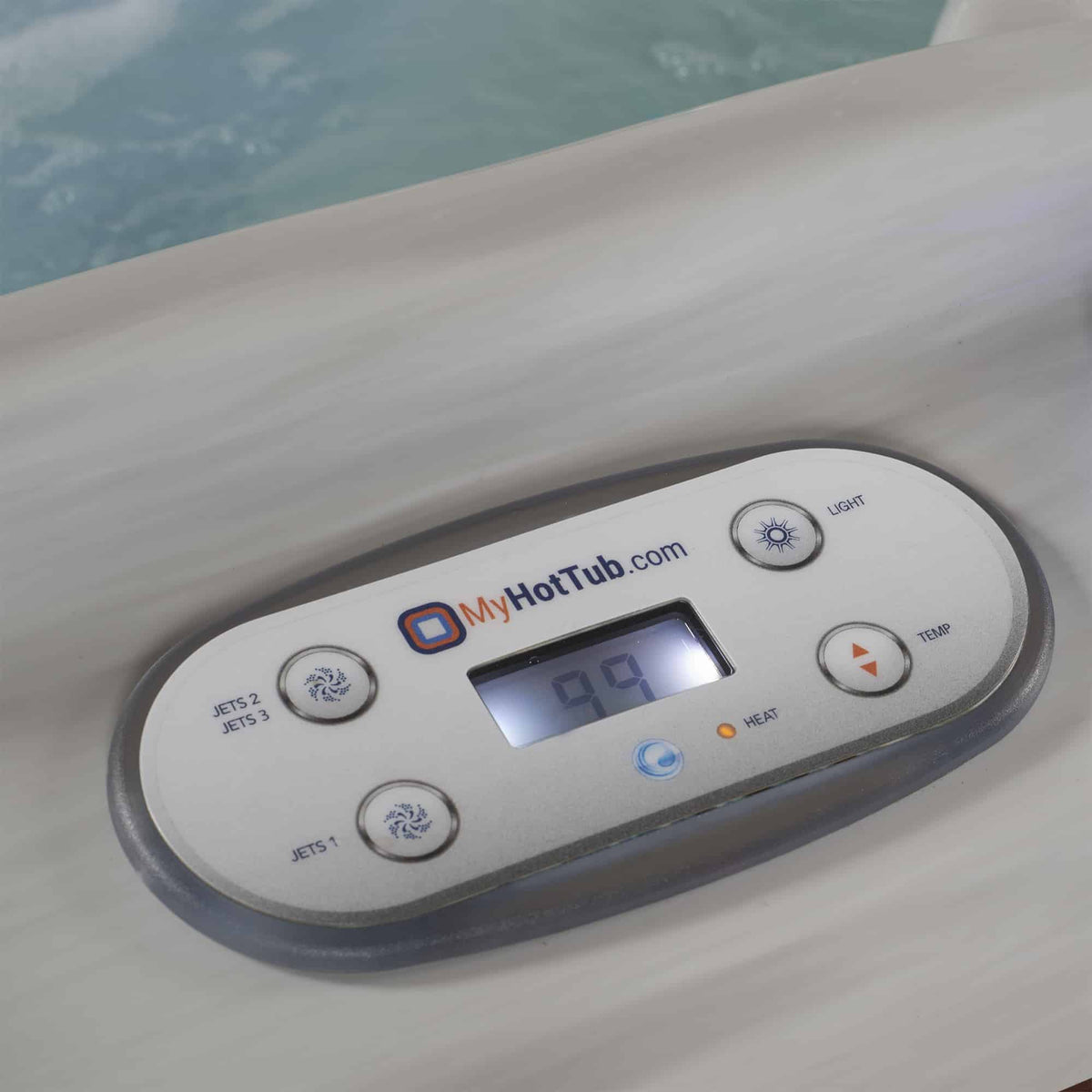 Control panel of a hot tub with 'MyHotTub.com' branding, displaying the temperature.