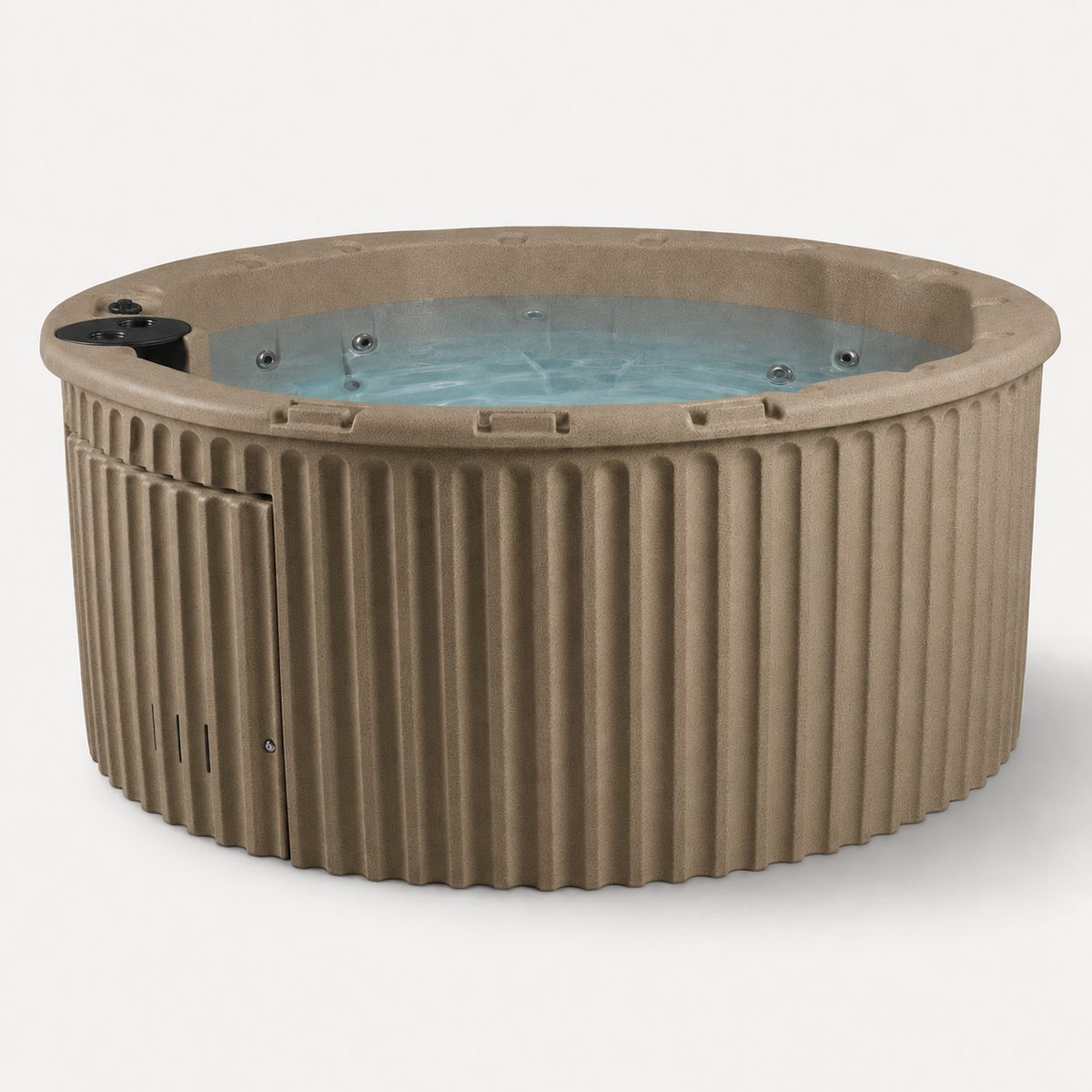 A round outdoor hot tub with a ribbed taupe-brown exterior and light blue water inside, shown on a plain light gray studio background. #color_cobblestone