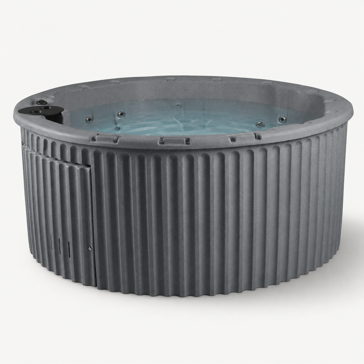 A round outdoor hot tub with a ribbed gray exterior and blue-tinted water inside, shown on a clean white background. #color_gray