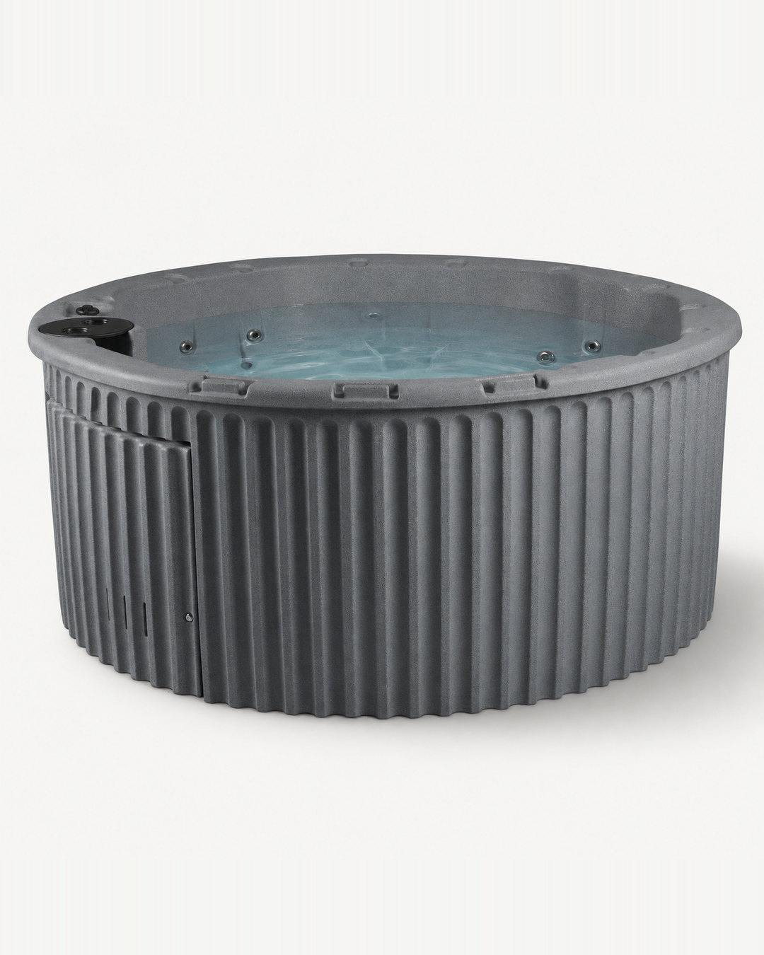 A round gray hot tub with a ribbed exterior and blue-tinted water inside, shown on a plain light background. #color_gray