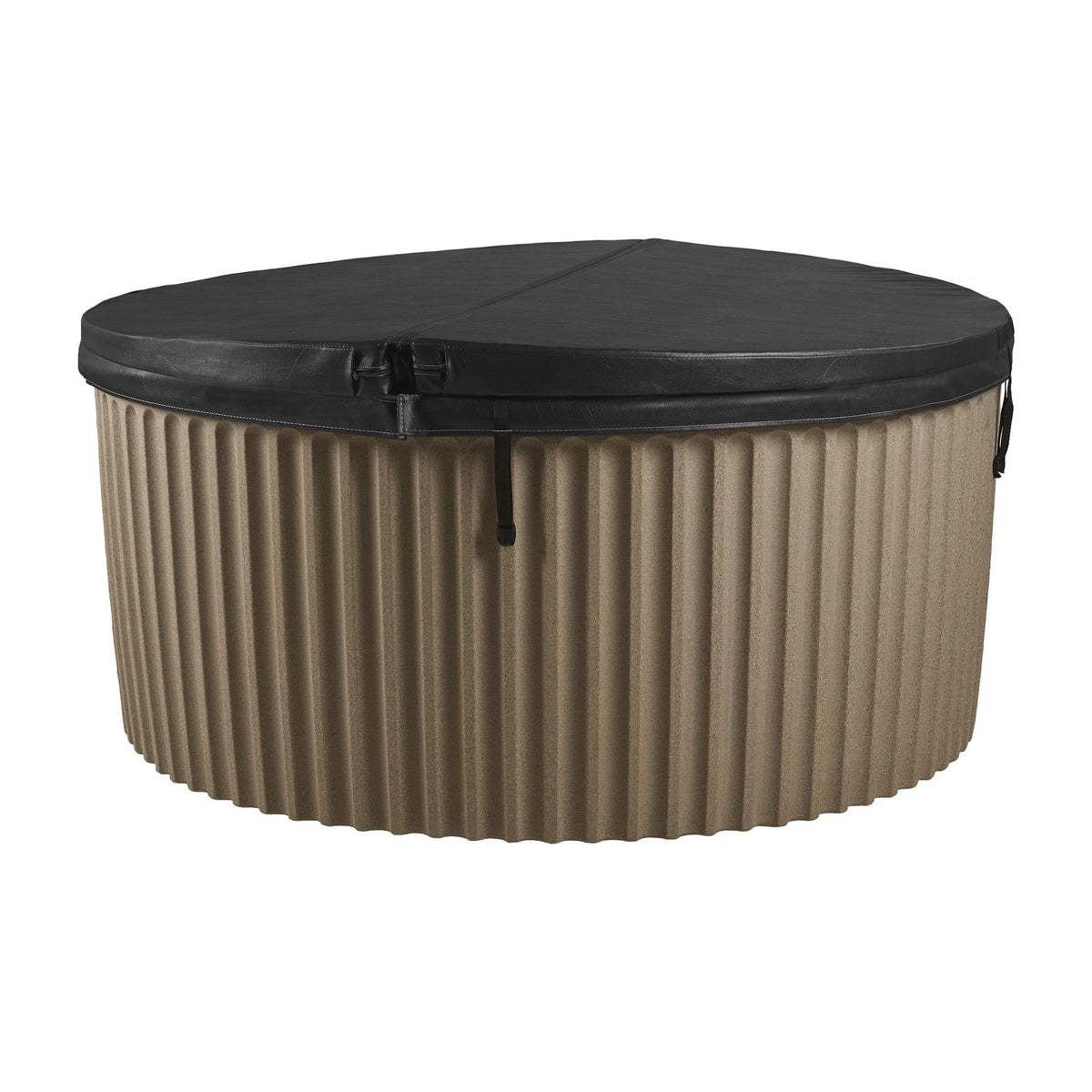 Round hot tub with a black lid on a white background 