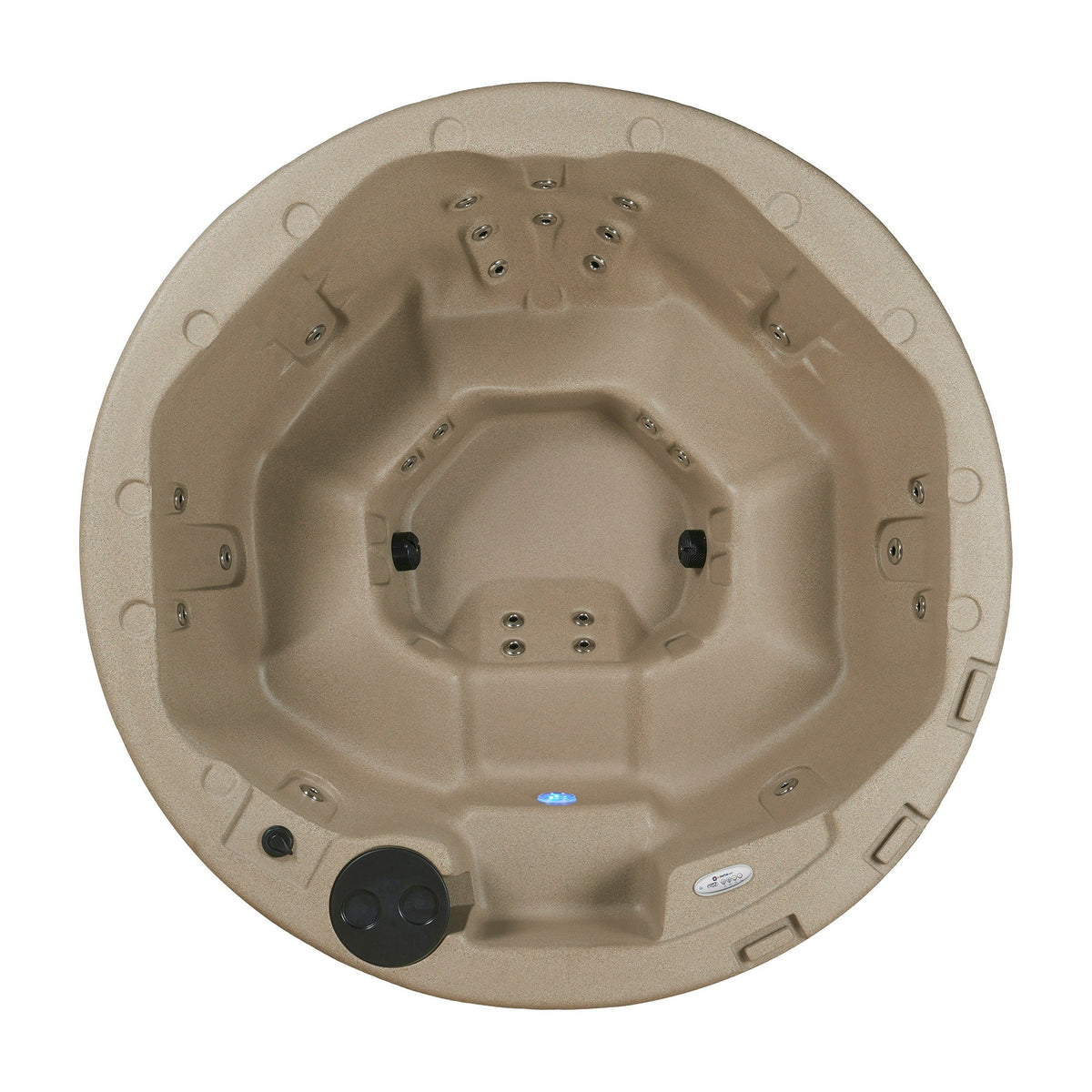 Top-down view of a circular hot tub in a warm beige/tan color, featuring multiple jet nozzles around the interior walls and a black control panel at the front-left, set against a plain white background. #color_cobblestone