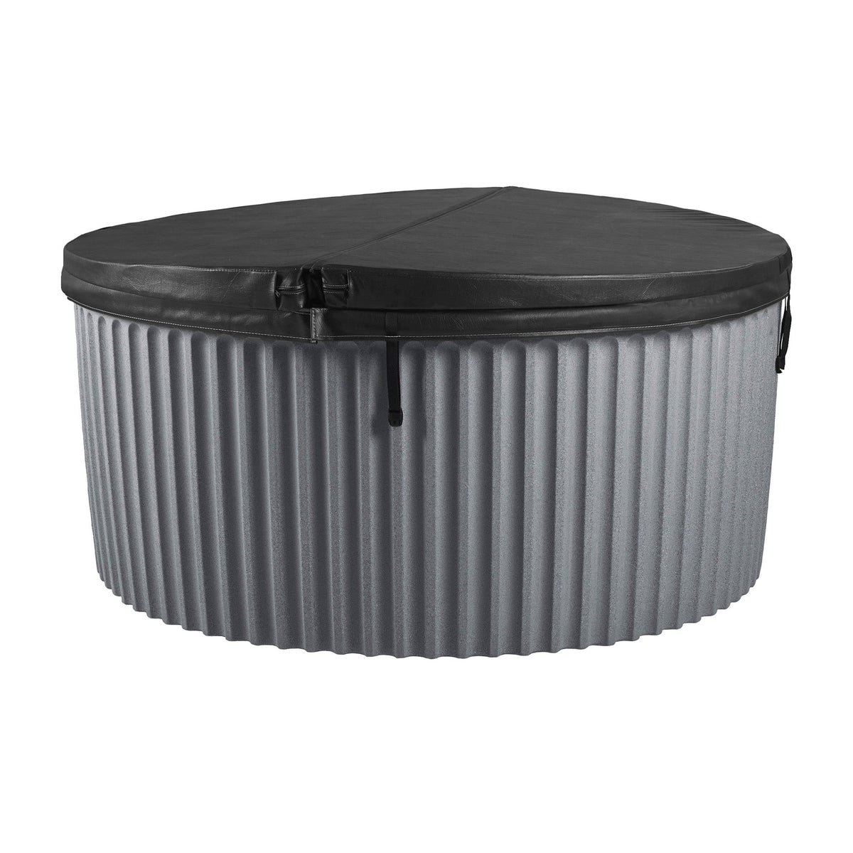A round gray hot tub cover with a ribbed exterior and a black top lid, shown on a plain white background. #color_gray