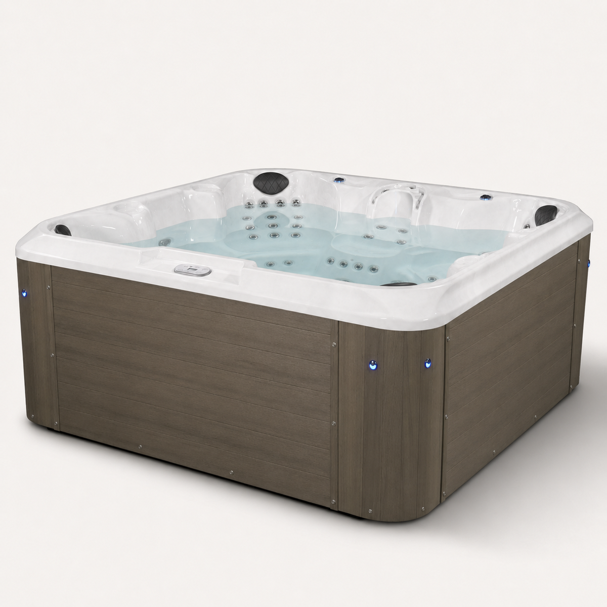 A square hot tub with a brown wood-look exterior, white interior trim, and light blue water, shown on a plain light gray background. 