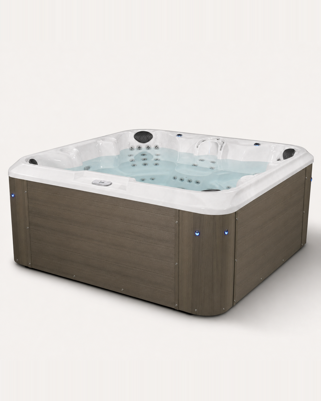 A square hot tub with a brown wood-look exterior and a white interior, filled with light blue water. The hot tub features multiple jet nozzles, a built-in waterfall feature, and blue LED accent lights on the front corners, set against a plain off-white background.