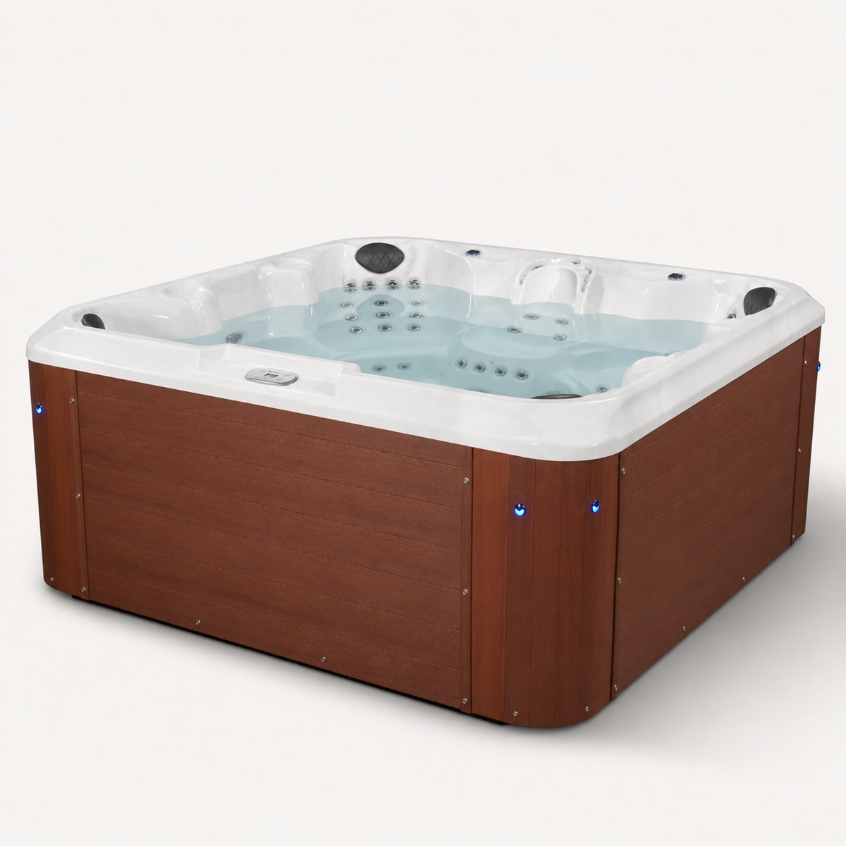A square hot tub with a redwood wood-look exterior, white interior shell, and light blue water, shown on a plain light gray background.