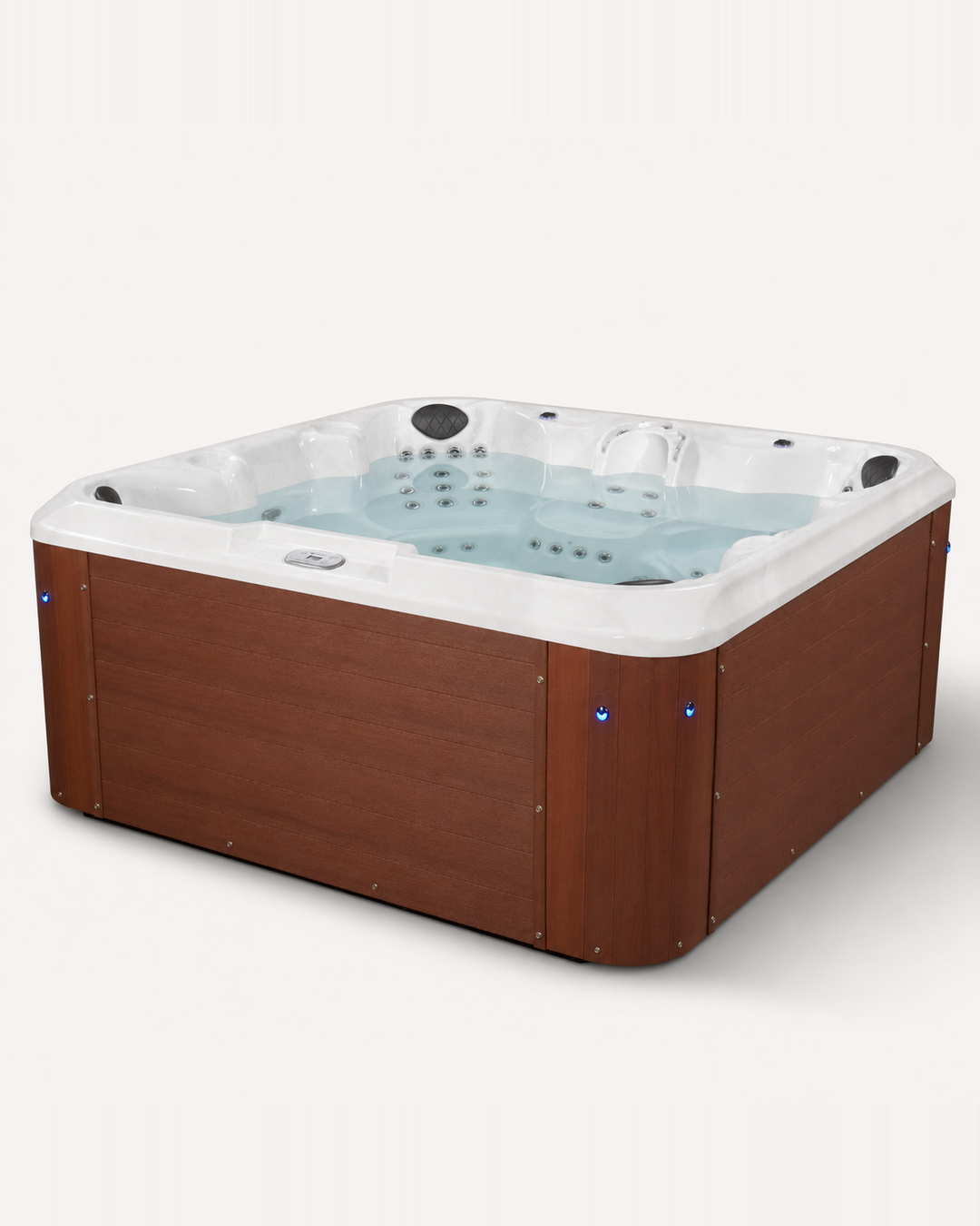 A square hot tub with a brown wood-grain exterior and a white interior rim, filled with light blue water, shown on a plain light background.