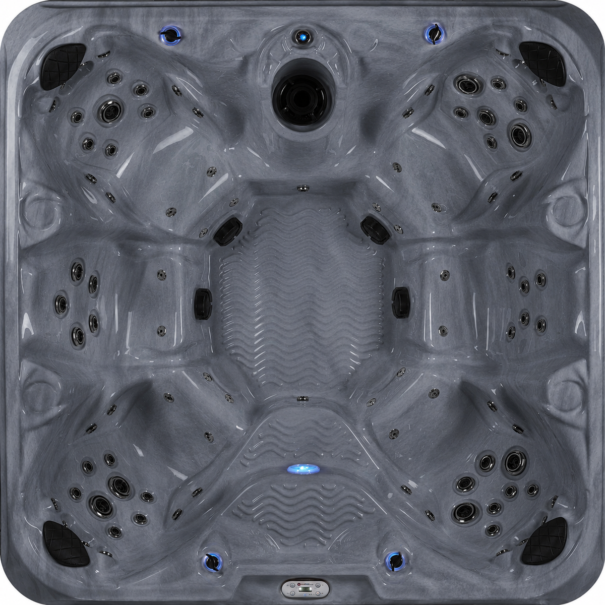 Gray hot tub with multiple jets and a central light 