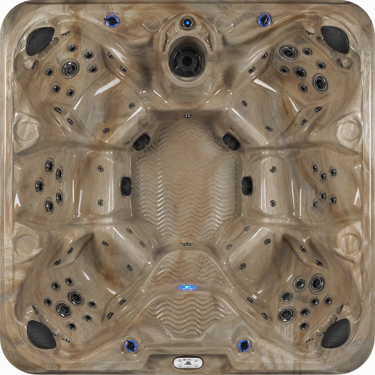 Top view of a beige hot tub with blue lighted controls 