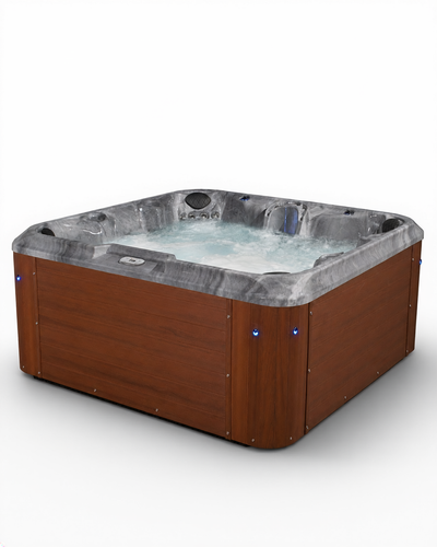 A square hot tub with a brown wood-look exterior and a gray stone-pattern interior, shown with bubbling water on a white background. 