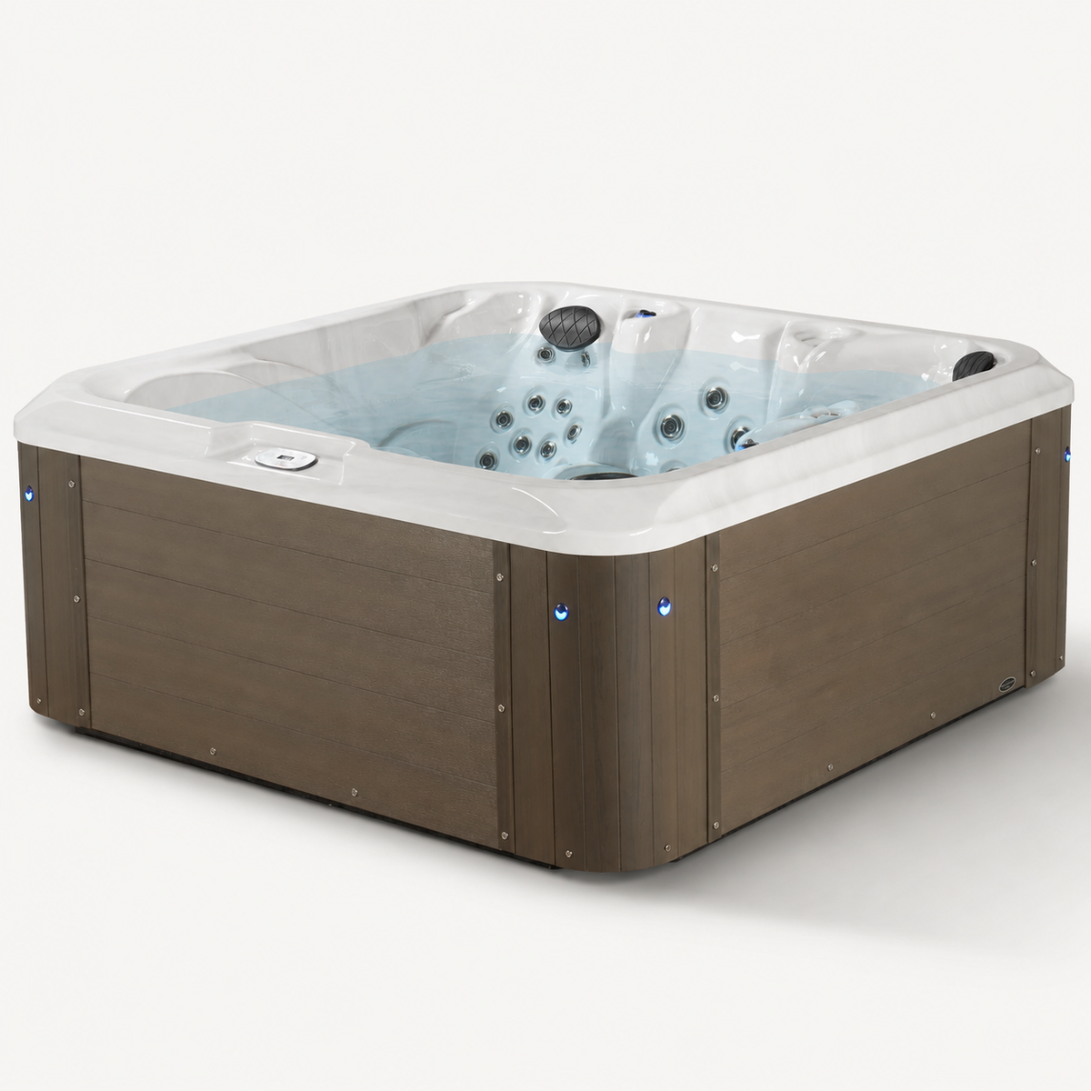 A square hot tub with a brown wood-look exterior, clear plastic shell, and light blue water, shown on a clean white background. #cabinet_outerbanks