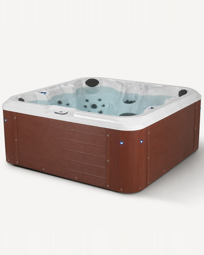 A square hot tub with a brown wood-look exterior and a white top rim, shown on a plain light gray background. 