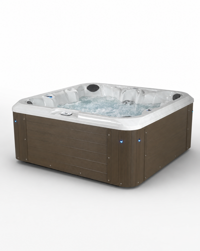 A square hot tub with a brown wood-look exterior and a white interior, shown with bubbling water on a clean white background. 