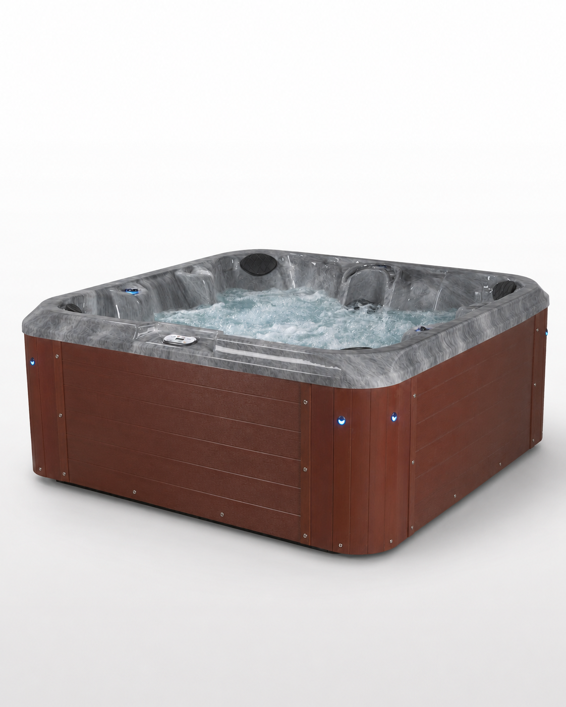 A square hot tub with a brown wood-look exterior and a gray stone-look interior, shown with water jets turned on and bubbles visible. The hot tub is photographed on a clean, light gray studio background. 