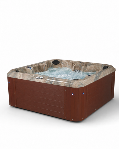 A square hot tub with a brown wood-look exterior and a beige/tan marbled interior shell, shown with water and jets running inside on a white background. 