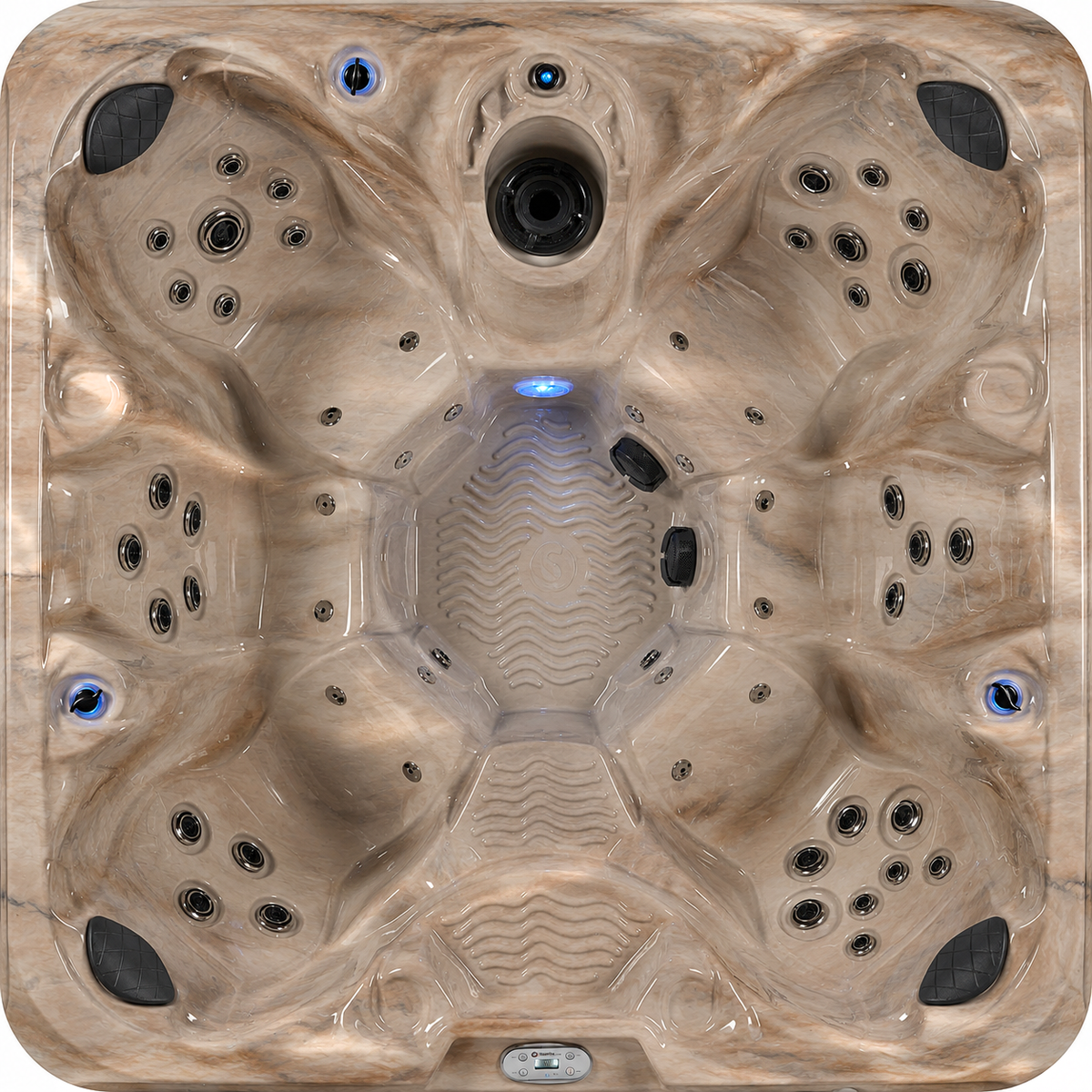 Top view of a hot tub with multiple jets and a central light. 