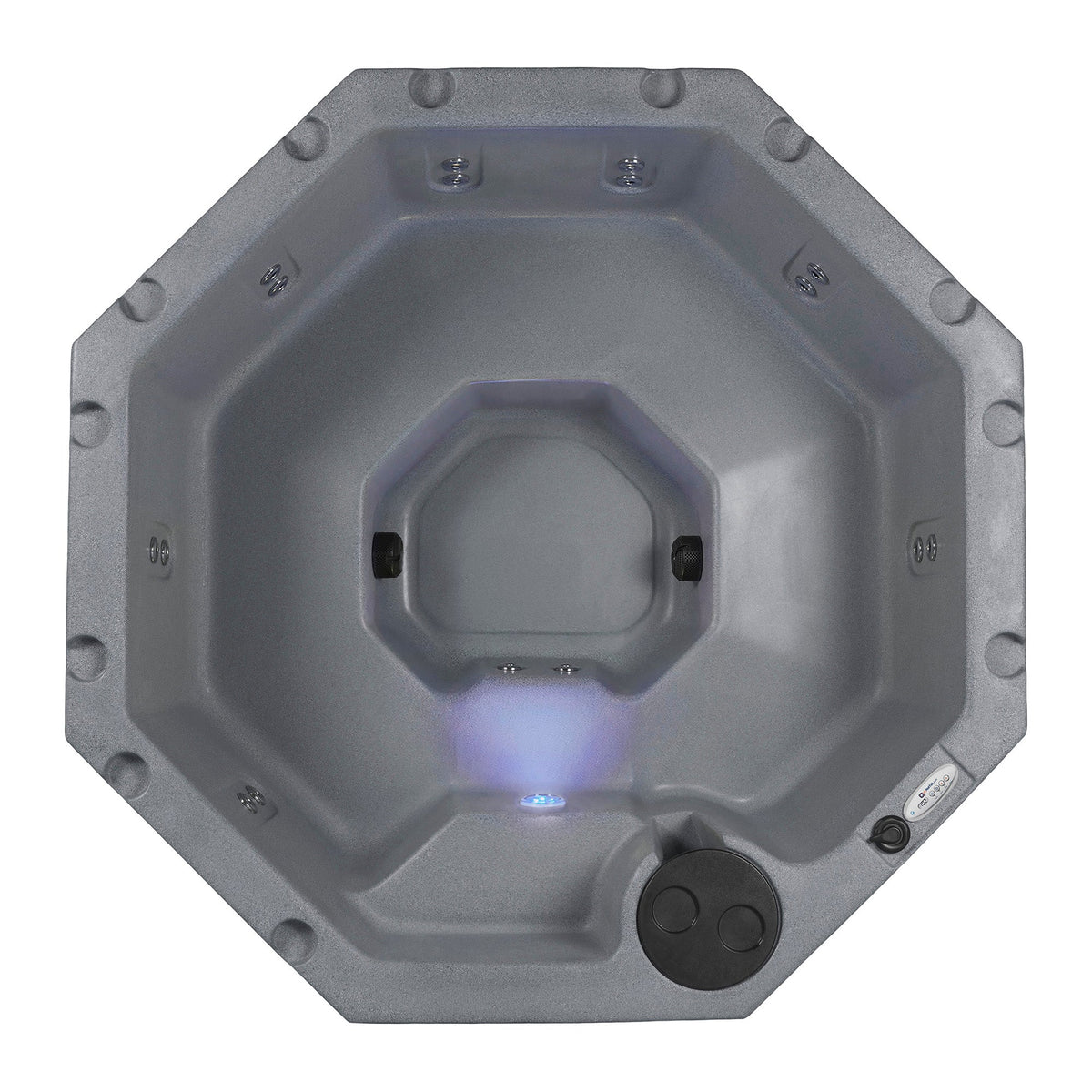 An octagonal hot tub viewed from directly above, featuring a textured gray exterior and interior, with stainless steel jets and a glowing blue LED light in the center on white background #color_gray